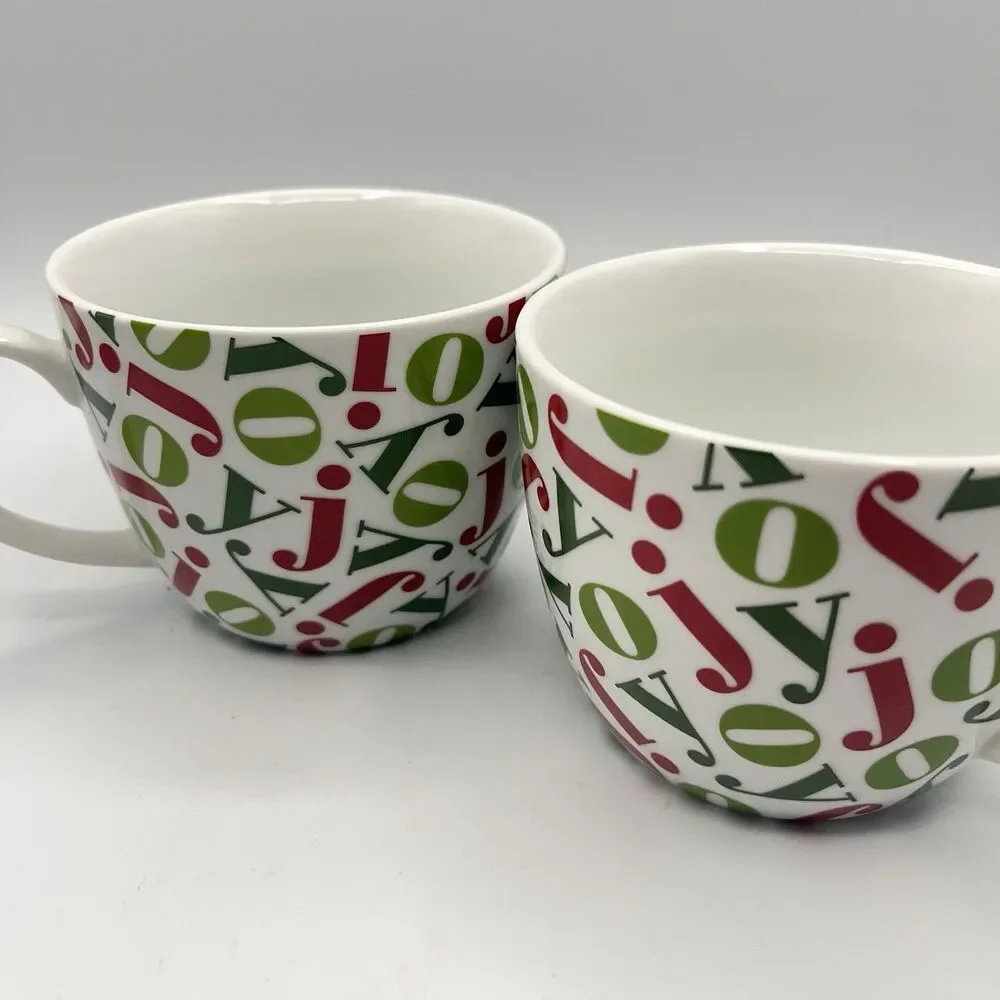 Pair Vintage Crate & Barrel 16oz JOY Mugs Holiday Christmas Red/Green Porcelain